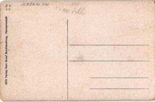 Nagyszeben, Hermannstadt, Sibiu; Vasút utca, villamos, Orsolya-rendi zárda, Manuel N. Salamon lakato...