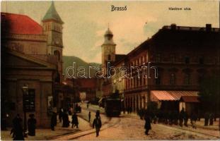 1908 Brassó, Kronstadt, Brasov; Klastrom utca, villamos, üzletek, Zeidner H. kiadása / street, tram, shops