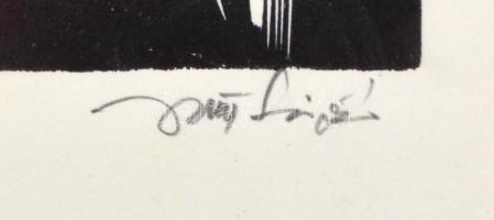 Olvashatatlan jelzéssel (... László?): Fuvolázó hölgy, fametszet, papír, kartonra kasírozva, üvegeze...