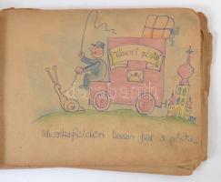 1944 Tábori lapok 46 db kézzel rajzolt tábori posta levelezőlap, egybe fűzve. Nagyrészt az orosz fro...