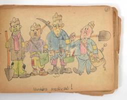 1944 Tábori lapok 46 db kézzel rajzolt tábori posta levelezőlap, egybe fűzve. Nagyrészt az orosz fro...