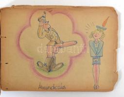 1944 Tábori lapok 46 db kézzel rajzolt tábori posta levelezőlap, egybe fűzve. Nagyrészt az orosz fro...