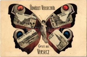 1906 Versec, Werschetz, Vrsac; Városháztér, Ferenc József tér, Római katolikus templom, piac, hitelbank, Győri Mór üzlete, Székház utca. Kehrer Lajos kiadása, szecessziós pillangós hölgy montázs művészlap / squares, street, church, market, credit bank, shop. Art Nouveau butterfly lady montage art postcard