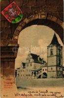 1902 Lőcse, Levoca; városház. Címeres szecessziós keret, Latzin János kiadása / town hall. Art Nouveau, coat of arms, litho