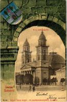 1902 Szatmárnémeti, Szatmár, Satu Mare; Római katolikus székesegyház. Címeres szecessziós keret, Reizer János kiadása / church. Art Nouveau, coat of arms, litho