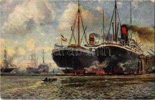 Ocean liner steamships at the port. T.S.N. Serie 898., artist signed