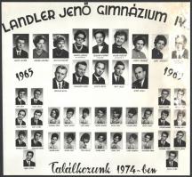 1969 Budapest, Landler Jenő Gimnázium tanárai és végzős diákjai, kistabló nevesített portrékkal, szélén kopott, 23x25 cm