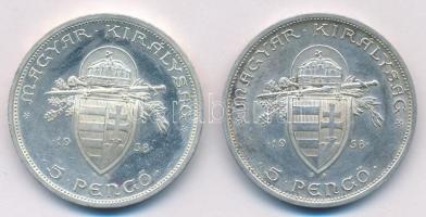 1938. 5P Ag "Szent István" (2x) T:1-,2 kis patina 
Adamo P8.1
