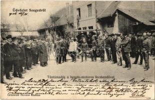 1906 Szeged, tűztámadás a benzin-motoros fecskendővel, tűzoltók. Grünwald Herman kiadása
