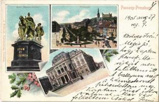 1905 Pozsony, Pressburg, Bratislava; Mária Terézia szobor, sétány, színház. J. Wohlmuth kiadása / statue, promenade, theatre. Art Nouveau, floral