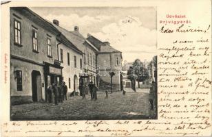 1905 Privigye, Prievidza; utca, Gubits Bernát könyvnyomdája és saját kiadása / street, book printing shop