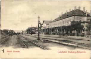 1907 Párkánynána, Párkány-Nána, Stúrovo; vasútállomás, vonat, kút. Özv. Neumann Gézáné kiadása / railway station, well, train