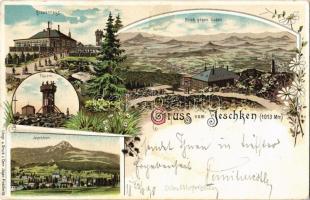 1898 Jested, Jeschken; Koppenhaus, Thurm, Blick gegen Süd / tower, hotel. Conr. Jäger Art Nouveau, floral, litho
