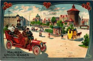 1906 Maurer-Union-Wagen den Bahnhofsplatz Nürnberg passierend. Wolfrum & Hauptmann Art / German automobile makers advertisement, Art Nouveau litho