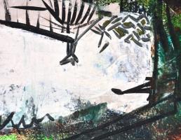 Krizbai Sándor, Alex (1949-): Táj. Vegyes technika, merített papír, jelzett, datált (2013). Krizbai ...