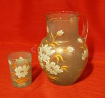 Parádi festett üvegkancsó + pohár (vékony repedés a kancsón)