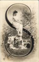 3 db 1905 előtti szecessziós iniciálés motívumlap hölgyekkel / 3 pre-1905 motive cards with Art Nouveau initials and ladies