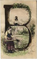 3 db 1905 előtti szecessziós iniciálés motívumlap hölgyekkel / 3 pre-1905 motive cards with Art Nouv...