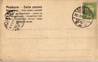 3 db 1905 előtti szecessziós iniciálés motívumlap hölgyekkel / 3 pre-1905 motive cards with Art Nouv...