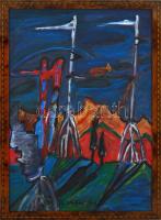 El Kazovszkij jelzéssel: Egyensúlyozó kutya, olaj, karton, keretben. 70x50 cm