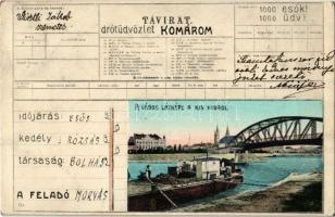 1908 Komárom, Komárnó; Távirat drótüdvözlet, látkép a kishídról. Montázs / bridge. Telegraph greetings, montage