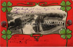 1908 Kovászna, Covasna; Sétatér látképe hidakkal, községháza. Szecessziós litho keret / square with town hall and bridges. Art Nouveau litho (fa)