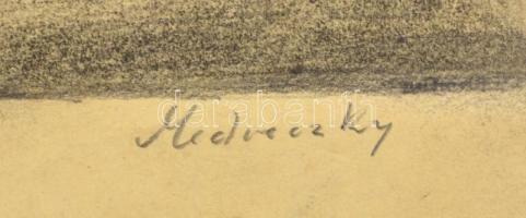 Medveczky jelzéssel: Aratás után. Litográfia, papír, lap szélén szakadásokkal, 19x40 cm