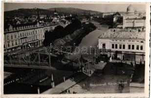 1940 Nagyvárad, Oradea; Malul Crisului / Körös-parti rész, híd, zsinagóga, Deutsch posztó áruháza, üzletek, étterem és söröző / Cris riverside, bridge, synagogue, shops, restaurant and beer hall, inn