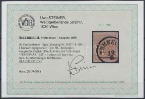 1kr HP III. orange ochre, manufacturing crease "TEMESV(ÁR)" Certificate: Steiner 1kr HP II...