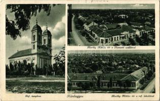1938 Kunhegyes, Református templom, Horthy Miklós tér, Nemzeti szálloda, Református iskola. Grossmann László kiadása (EK)