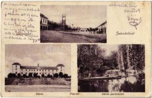 1930 Zsámbék, Zárda, Piac tér, üzletek, Zárda park részlete csónakázókkal (EK)
