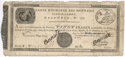 Franciaország / Rouen 1797-1803. 20Fr "annulé (érvénytelen)" felülbélyegzéssel T:IV France Rouen 1797-1803. 20 Francs "annulé (cancelled)" C:G Krause S245a