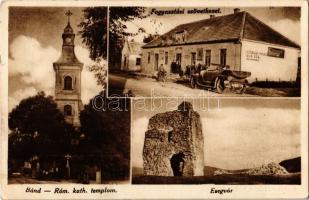 1935 Bánd, Római katolikus templom, Essegvár, automobil, autóbusz megállóhely, Fogyasztási Szövetkezet üzlete és saját kiadása (EK)