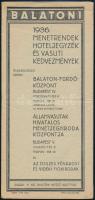 1936 Balatoni menetrendek, hoteljegyzék és vasuti kedvezmények. Kihajtható prospektus balatoni hajójáratok, autóbuszjáratok és vonatmenetrendekkel, gyógyhelyek, üdülőhelyek, nyaraló és kirándulóhelyek áraival, Balatoni nemzetközi Sporthét hirdetéssel. Balatoni események naptárával, a balatoni nyaralás egészségügyi szabályaival. Kiadja: M. Kir. Balatoni Intéző Bizottság. Jó állapotban.