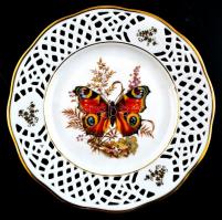 Bavaria Arabella Atelier Porzellan áttört dísztányér, pillangó motívummal díszített, porcelán, matricás, aranyszínű szegéllyel, kis kopásnyomokkal, jelzett, d: 19,5 cm