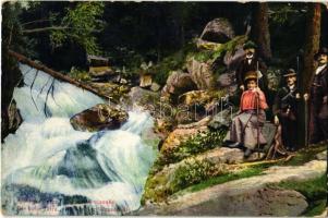 Tátra, Vysoké Tatry; tarpataki vízesés, kirándulók / Kohlbacher Wasserfall / waterfall