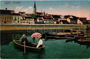 1914 Eszék, Osijek, Esseg; port with boating couple / csónakázó pár a kikötőnél