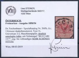 3kr MP Ib dark tomato red, highlighted eagle, Gravurtype 2-2 "BUCCARI" Certificate: Steine...