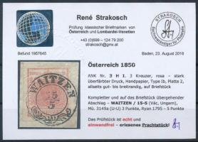 3kr HP Ib rose, overinked print "WAITZEN" Certificate: Strakosch 3kr HP Ib rózsaszín, túlf...