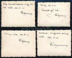 1941 Délvidéki katonai bevonulás, 4 db fotó, hátoldalon feliratozva, közte kivégzett csetnik, 5×6 cm