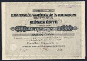1907 Szabadkavidéki Takarékpénztár és Kereskedelmi RT. 200 K névre szóló részvény / Subotica bank decorative share