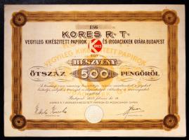 1935. "Kores RT." részvénye 500P-ről, szelvényekkel