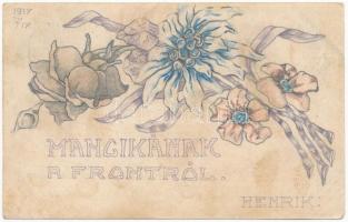 1917 Mancikának a frontról, Henrik. Feldpostkorrespondenzkarte, saját kézzel rajzolt / WWI K.u.K. military hand-drawn greeting postcard s: Mayer Henrik (EK)