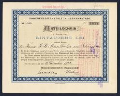 Románia/Nagyszeben 1922. "Földhitelintézet RT." részvénye 1000L-ről, német nyelven