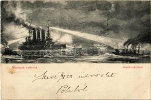 1910 Manovre notturne / Nachtmanöver. Schlachtschiff Eh. Friedrich, Torpedoboot / Osztrák-Magyar Haditengerészet SMS Erzherzog Friedrich pre-dreadnought (Linienschiffe) csatahajója és torpedónaszádja éjszakai manőveren / Austro-Hungarian Navy K.u.K. Kriegsmarine, SMS Erzherzog Friedrich pre-dreadnought battleship and torpedo boat on night maneuver. G. Costalunga, Pola 1909.  (fl)