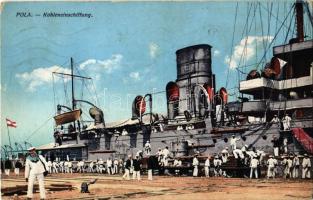 1911 Pola, Kohleneinschiffung / Austro-Hungarian Navy, K.u.K. Kriegsmarine, coal embarkation in Pula, mariners loading coal, naval flag. R. Marincovich (EK)