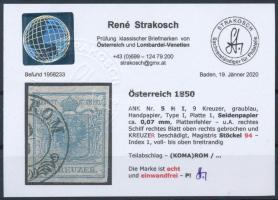 9kr HP I greyblue  stamp with plate flaws, silky paper Magistris 94. "(KOMÁ)ROM" Certifica...