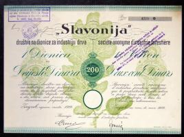 1929. "Slavonija Erdészeti RT." részvénye 200D-ról, két nyelvű, szelvényekkel
