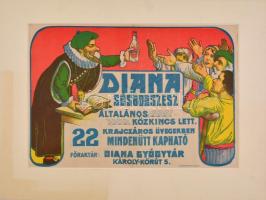cca 1910 Diana sósborszesz plakát, árváltozás miatt felülragasztott árral, paszpartuban, 29×43 cm