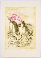 Zala Tibor (1920-2004): Mitológiai jelenet. Színes rézkarc, papír, jelzett, művészpéldány E.A. 40×29...